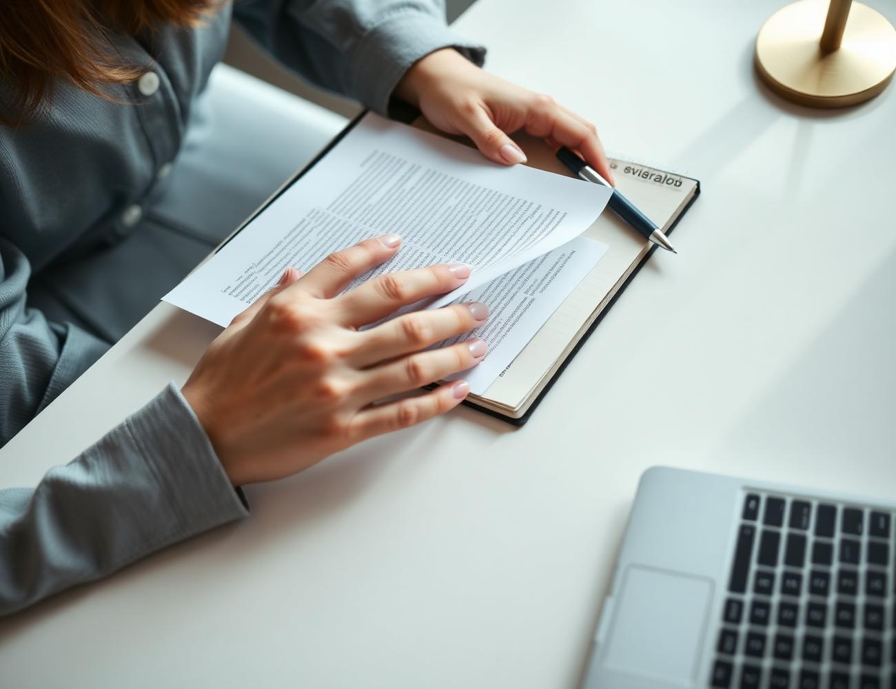 Property deeds and paperwork laid out on a pale desk beside a notebook
