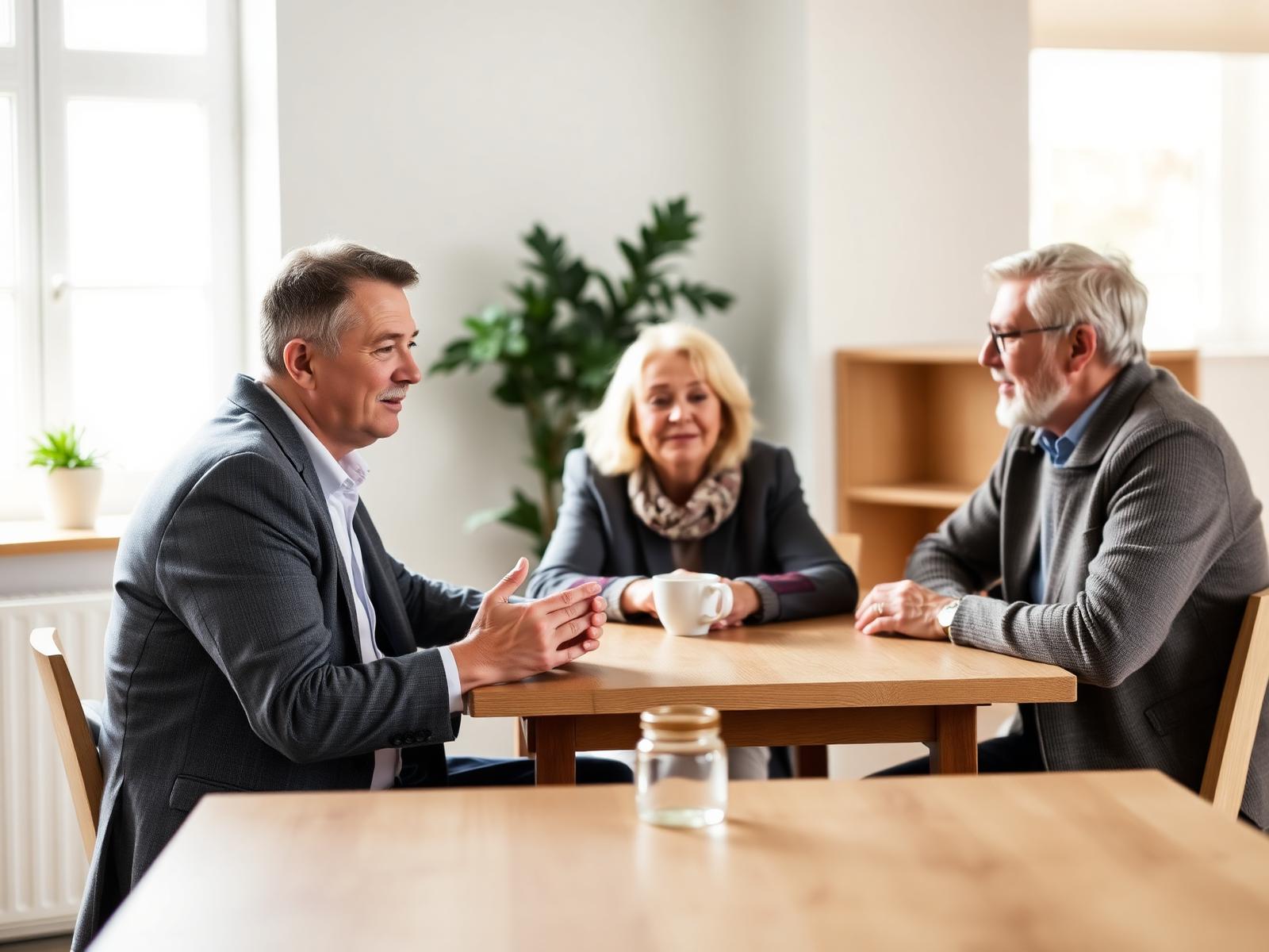 An adviser talking calmly with a couple across a table in a bright room