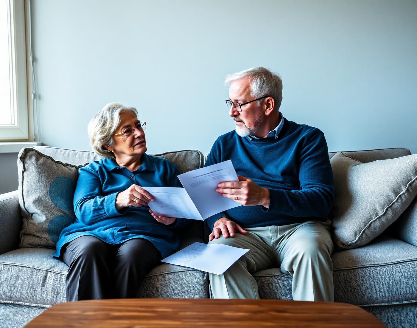 A couple sitting together discussing a document in their living room