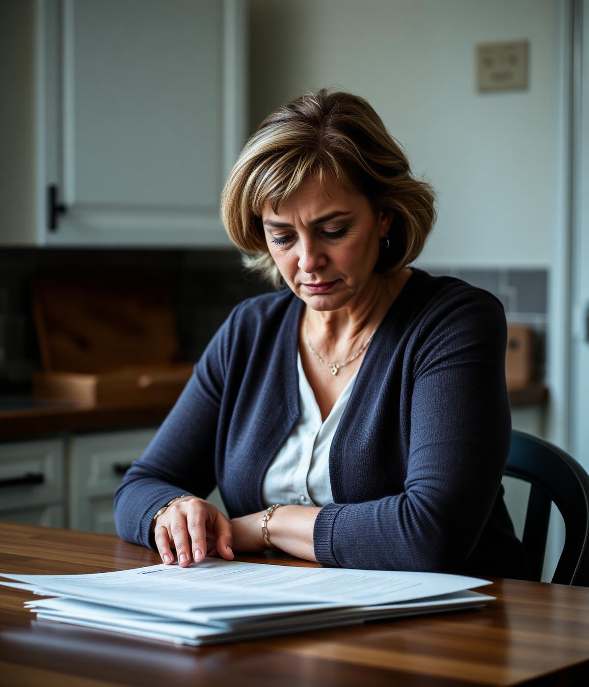 A woman sitting at a kitchen table reading paperwork with a concerned expression